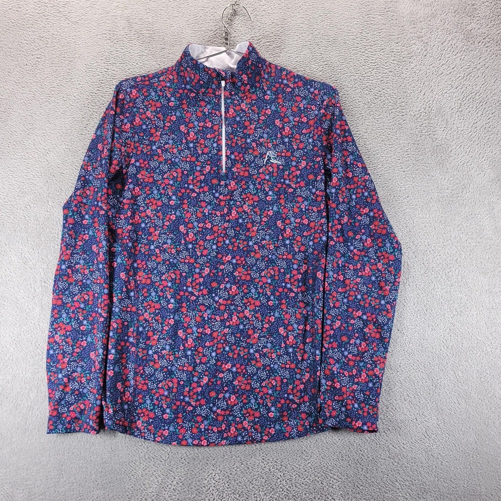 Rhoback Pullover Womens Medium Blue Floral 1/4 Zip Mock Neck Golf Top Stretch